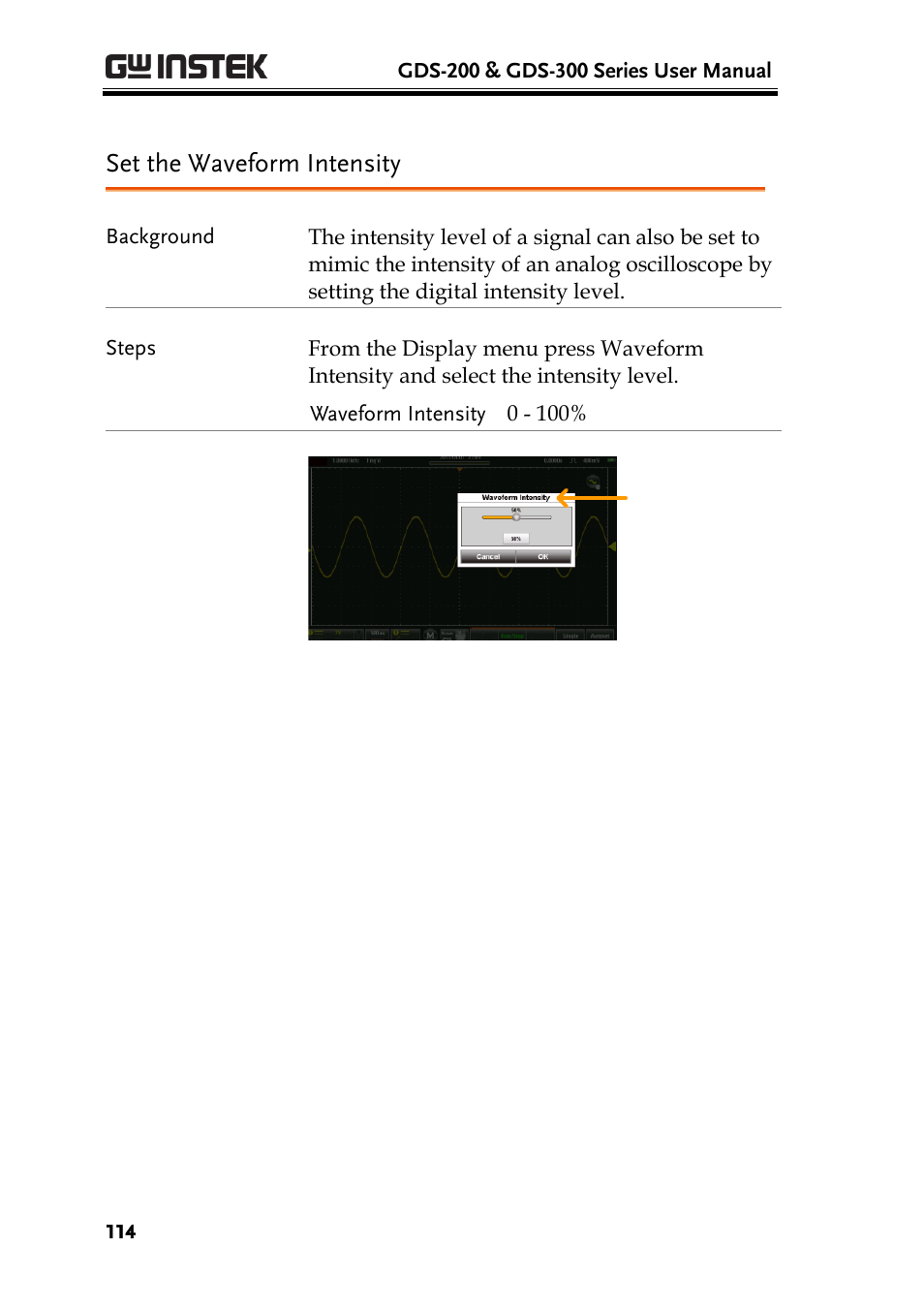 Set the waveform intensity | GW Instek GDS-200 Series User Manual User Manual | Page 114 / 188