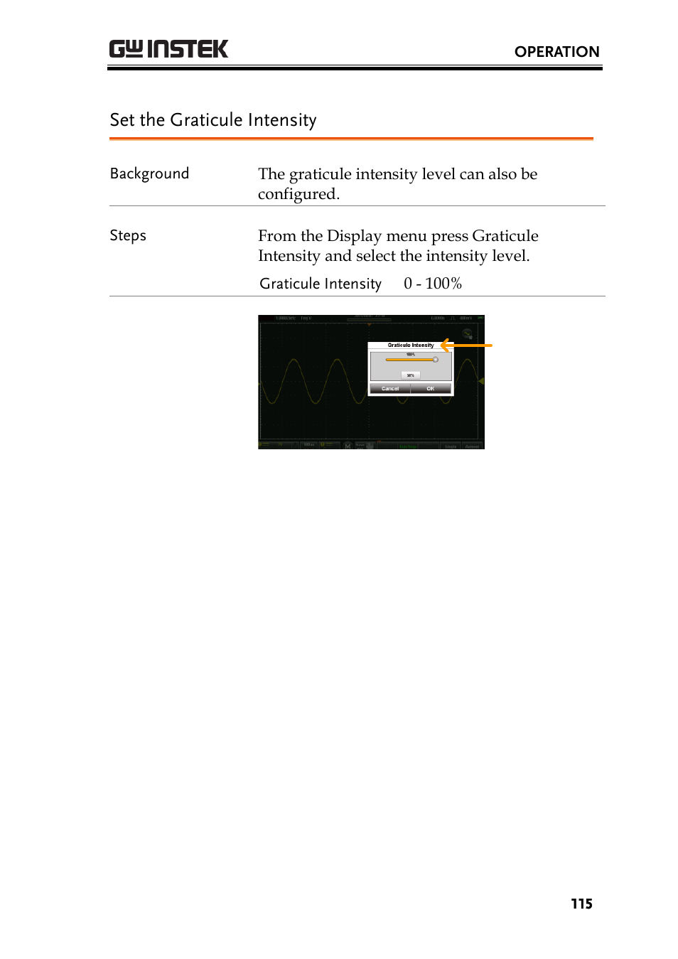 Set the graticule intensity | GW Instek GDS-200 Series User Manual User Manual | Page 115 / 188