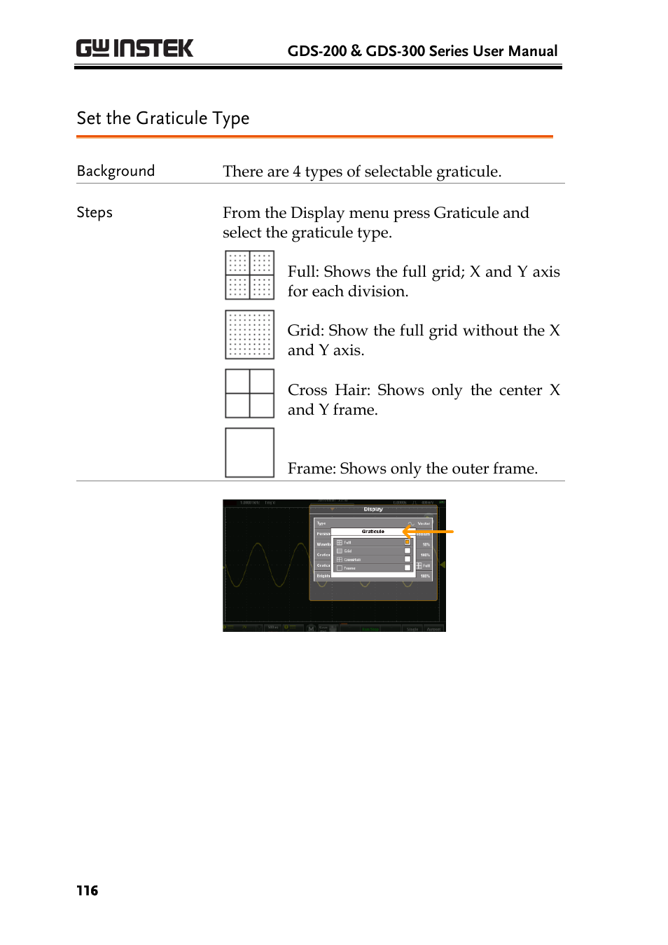 Set the graticule type | GW Instek GDS-200 Series User Manual User Manual | Page 116 / 188
