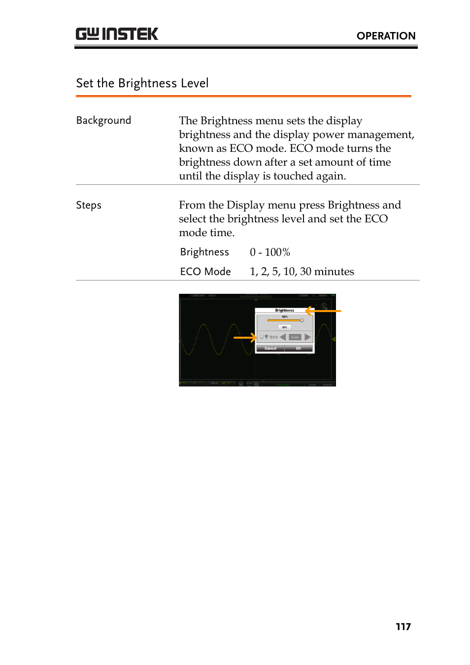 Set the brightness level | GW Instek GDS-200 Series User Manual User Manual | Page 117 / 188