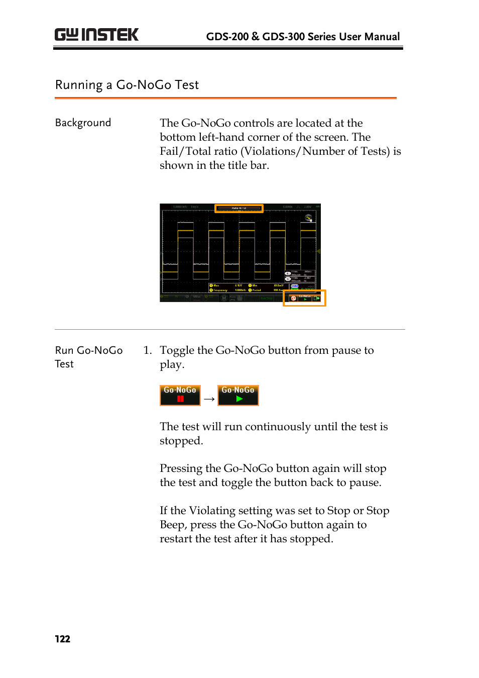 Running a go-nogo test | GW Instek GDS-200 Series User Manual User Manual | Page 122 / 188