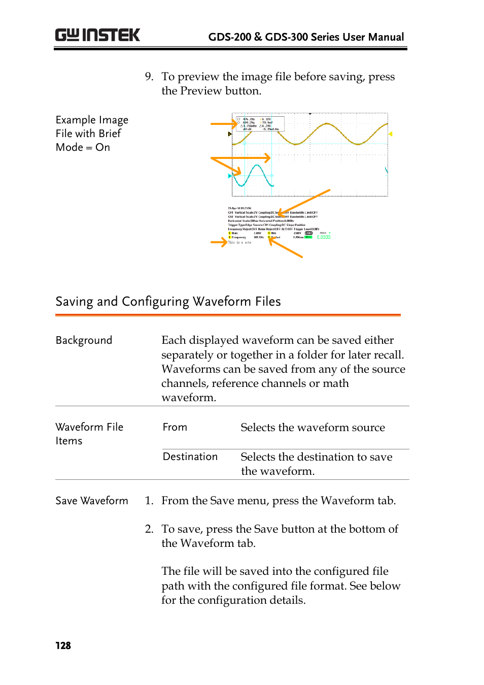 Saving and configuring waveform files | GW Instek GDS-200 Series User Manual User Manual | Page 128 / 188