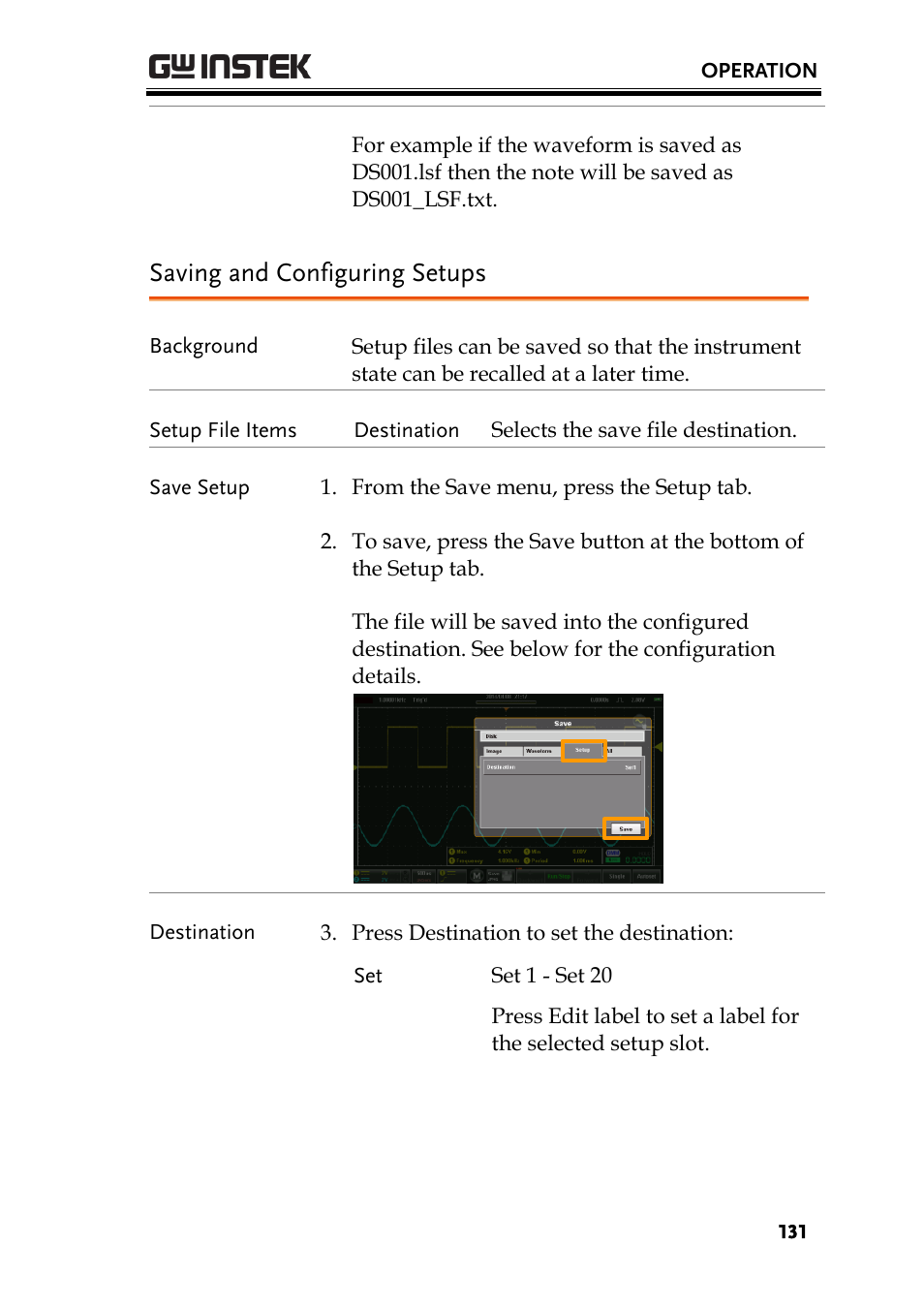 Saving and configuring setups | GW Instek GDS-200 Series User Manual User Manual | Page 131 / 188
