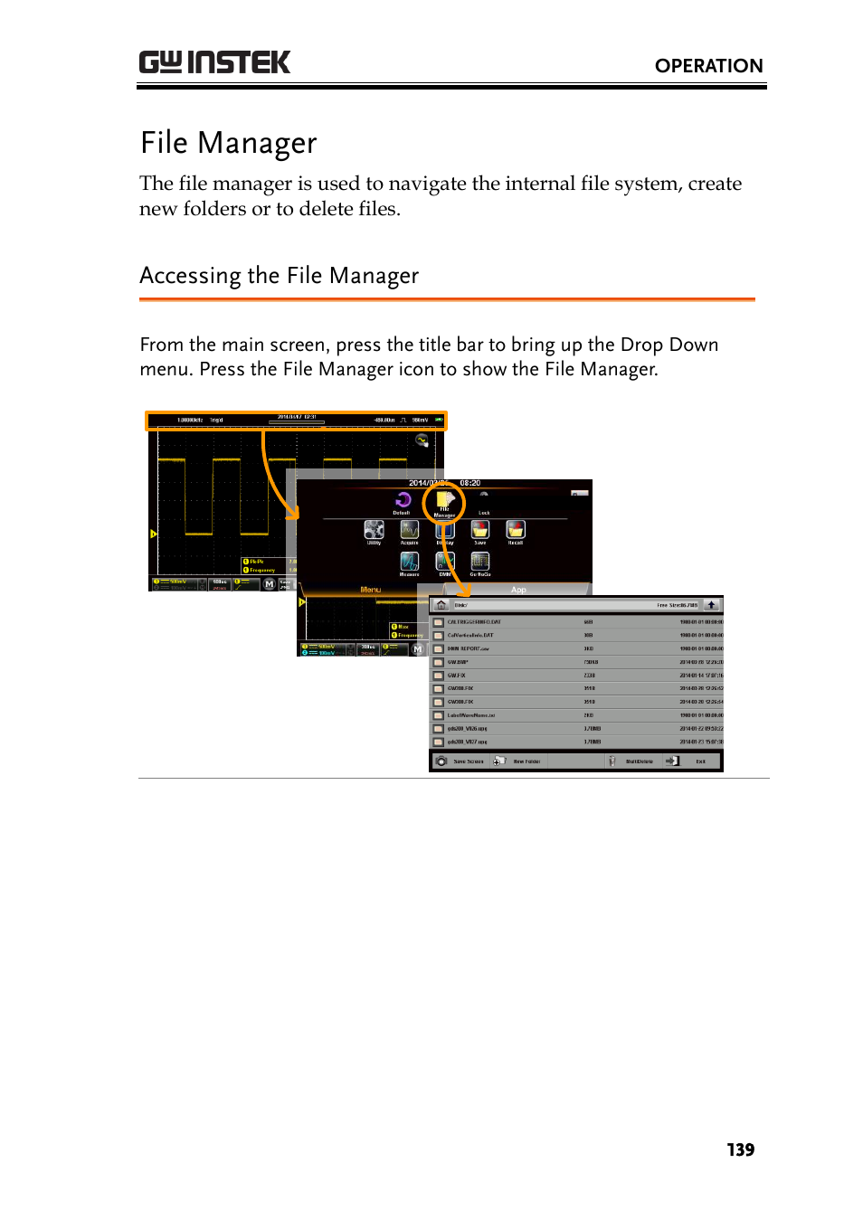 File manager, Accessing the file manager | GW Instek GDS-200 Series User Manual User Manual | Page 139 / 188