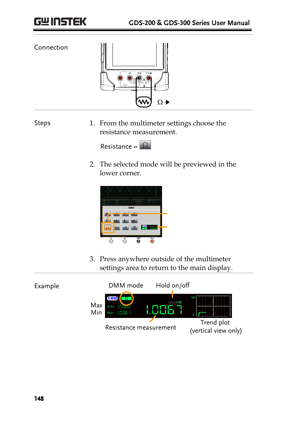 Connection, Com v w, Resistance key multimeter settings preview screen | GW Instek GDS-200 Series User Manual User Manual | Page 148 / 188