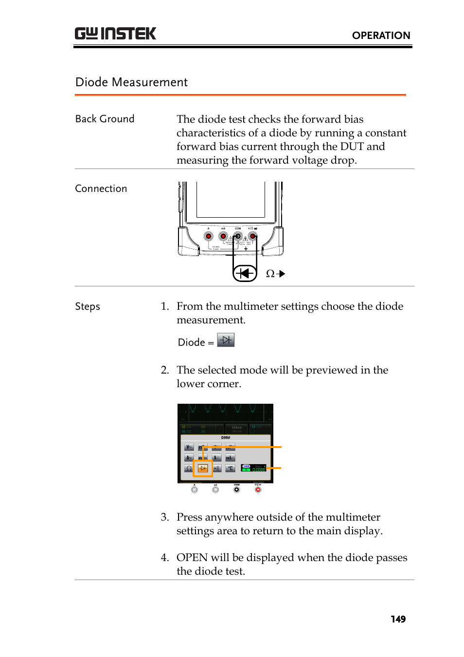 Diode measurement, Operation, Com v w | Diode key multimeter settings preview screen | GW Instek GDS-200 Series User Manual User Manual | Page 149 / 188