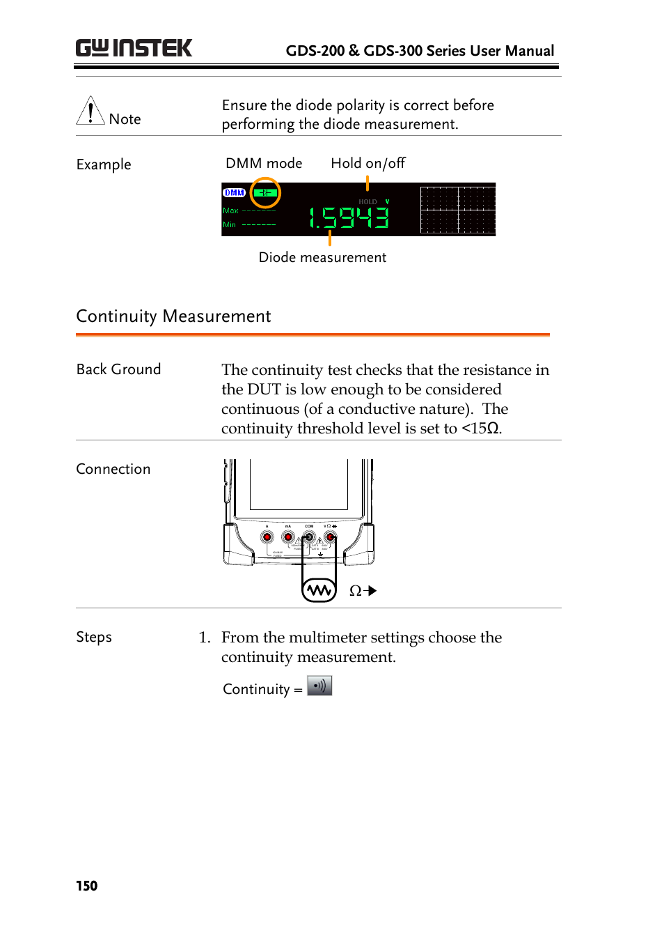 Continuity measurement, Com v w, Diode measurement dmm mode hold on/off | GW Instek GDS-200 Series User Manual User Manual | Page 150 / 188