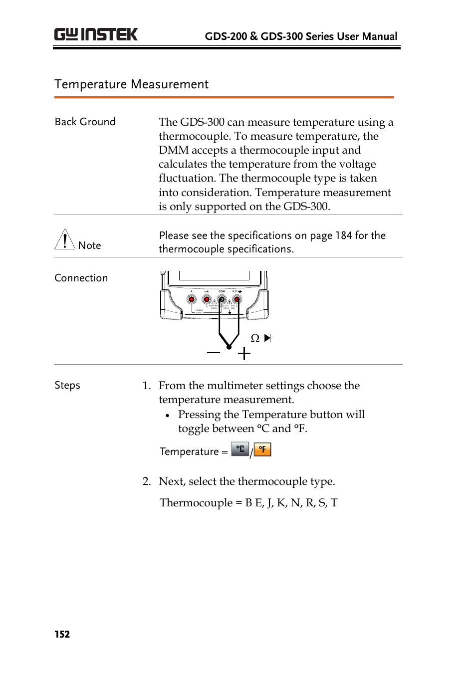 Temperature measurement, Com v w | GW Instek GDS-200 Series User Manual User Manual | Page 152 / 188