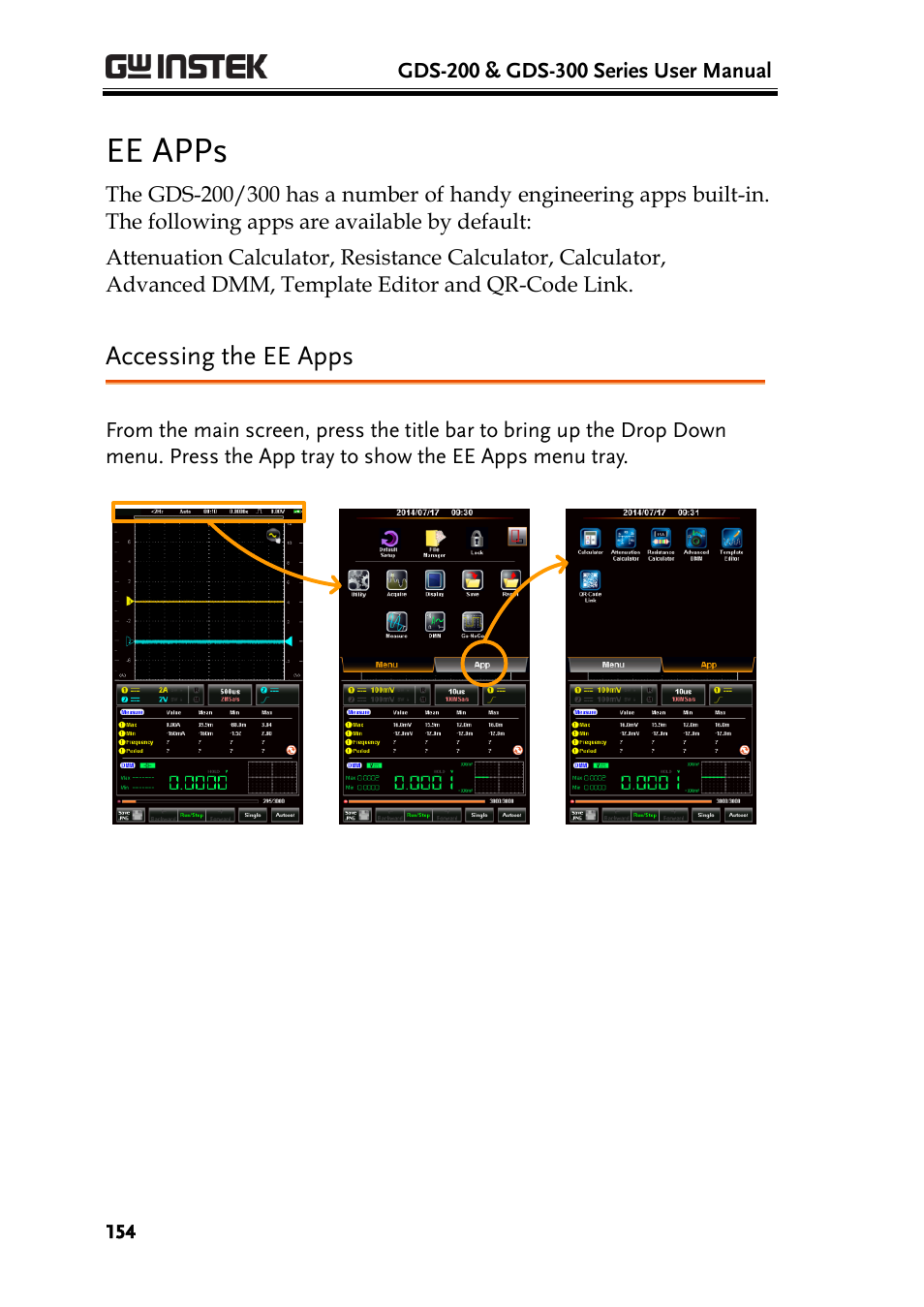 Ee apps, Accessing the ee apps | GW Instek GDS-200 Series User Manual User Manual | Page 154 / 188