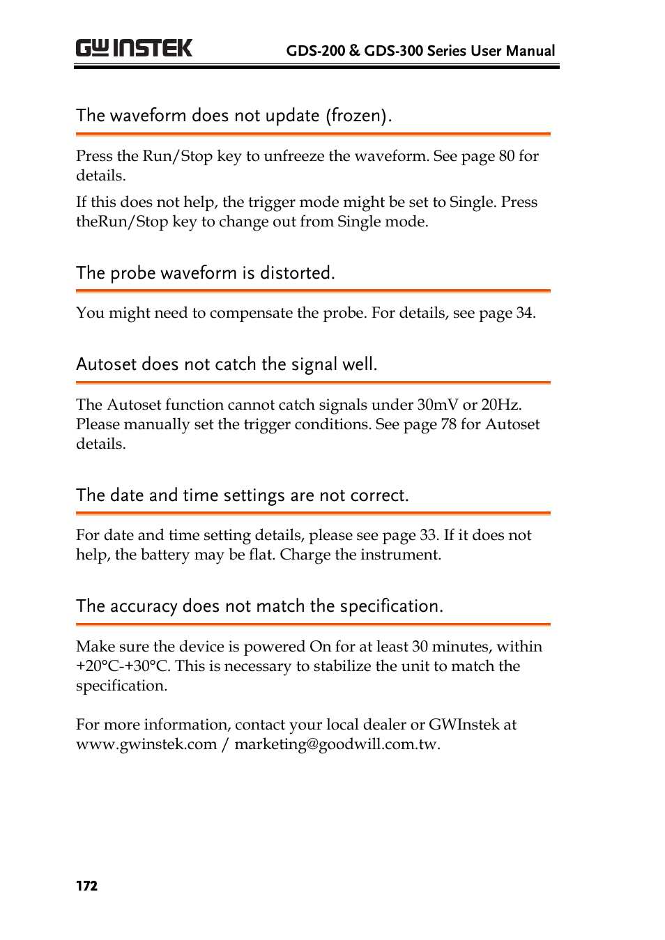 The waveform does not update (frozen), The probe waveform is distorted, Autoset does not catch the signal well | The date and time settings are not correct, The accuracy does not match the specification | GW Instek GDS-200 Series User Manual User Manual | Page 172 / 188