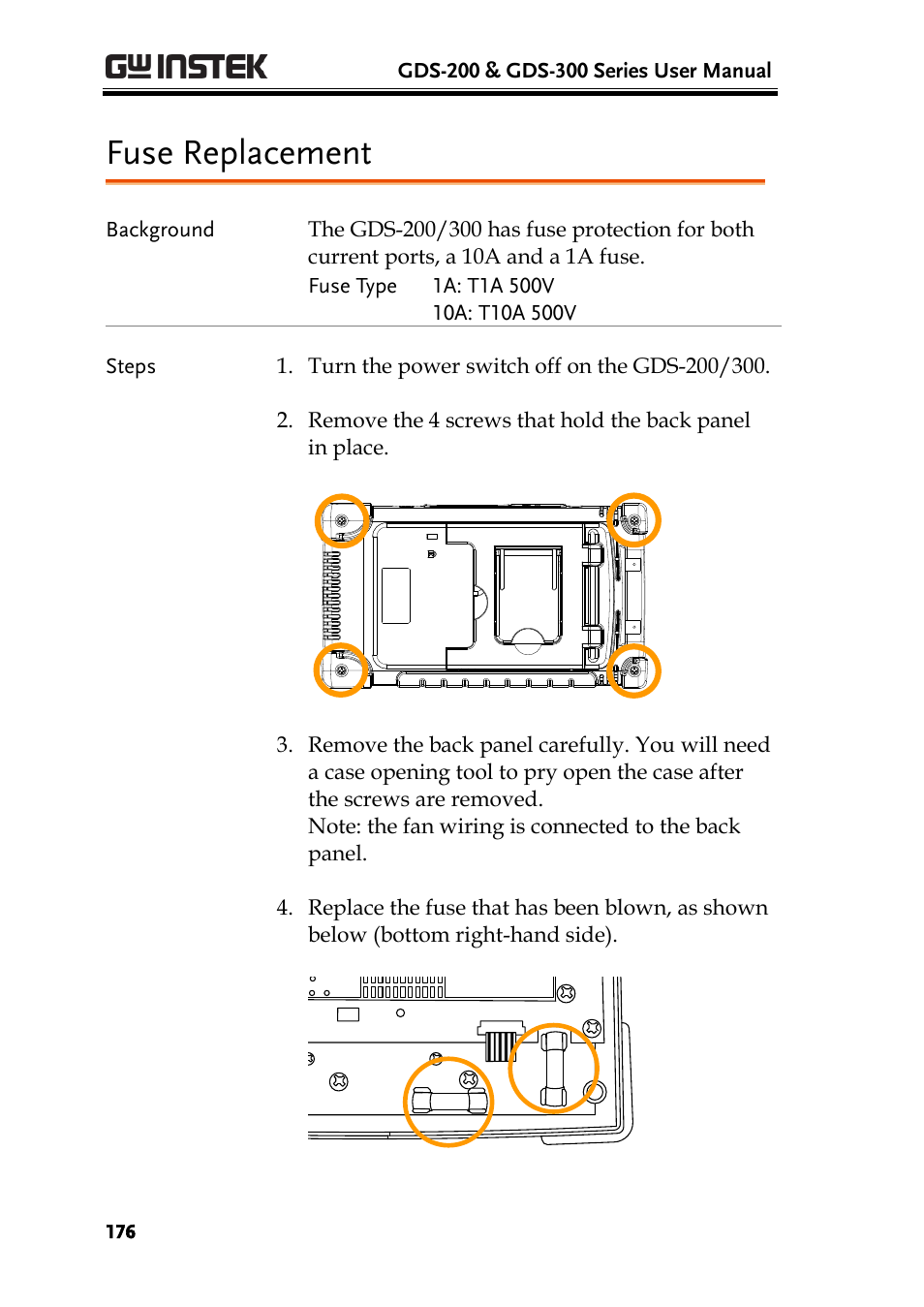 Fuse replacement | GW Instek GDS-200 Series User Manual User Manual | Page 176 / 188