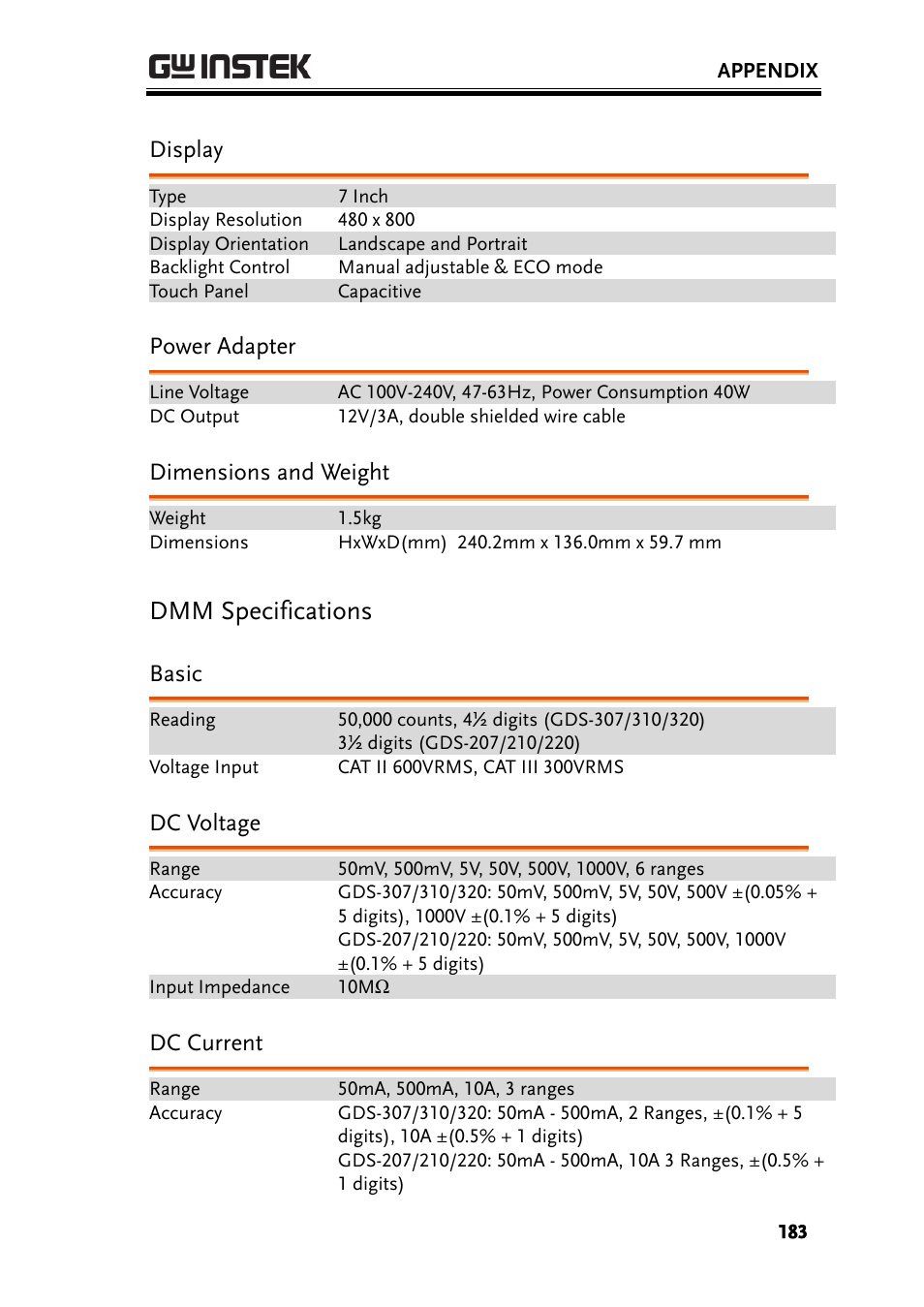 Display, Power adapter, Dimensions and weight | Dmm specifications, Basic, Dc voltage, Dc current | GW Instek GDS-200 Series User Manual User Manual | Page 183 / 188