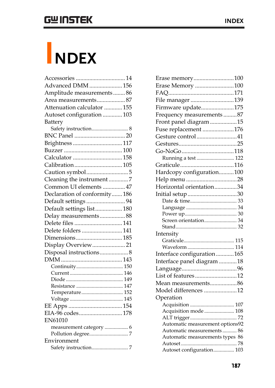 Index, Ndex | GW Instek GDS-200 Series User Manual User Manual | Page 187 / 188