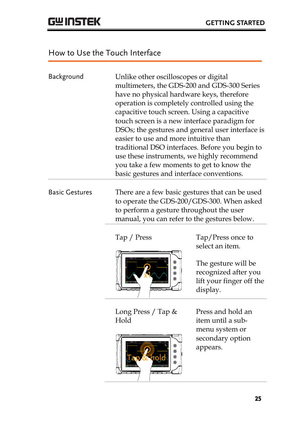 How to use the touch interface, Tap & hold | GW Instek GDS-200 Series User Manual User Manual | Page 25 / 188