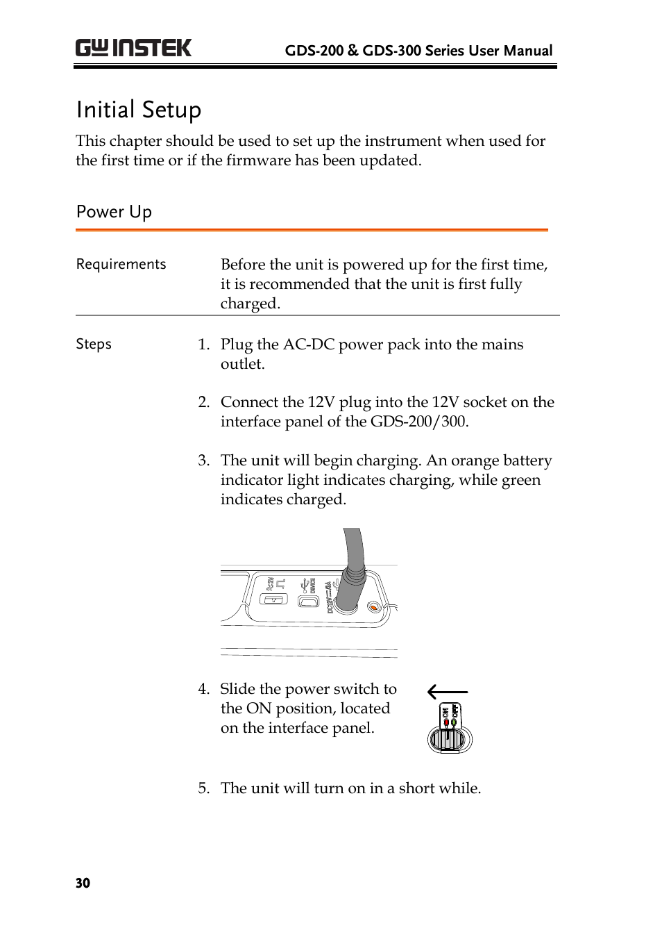 Initial setup, Power up | GW Instek GDS-200 Series User Manual User Manual | Page 30 / 188