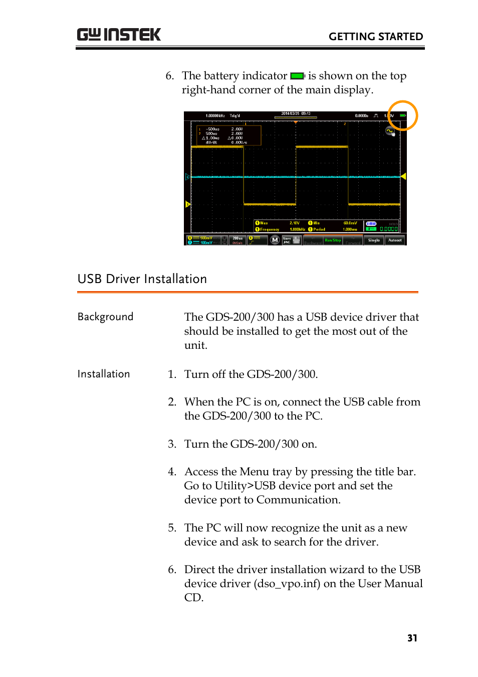 Usb driver installation | GW Instek GDS-200 Series User Manual User Manual | Page 31 / 188