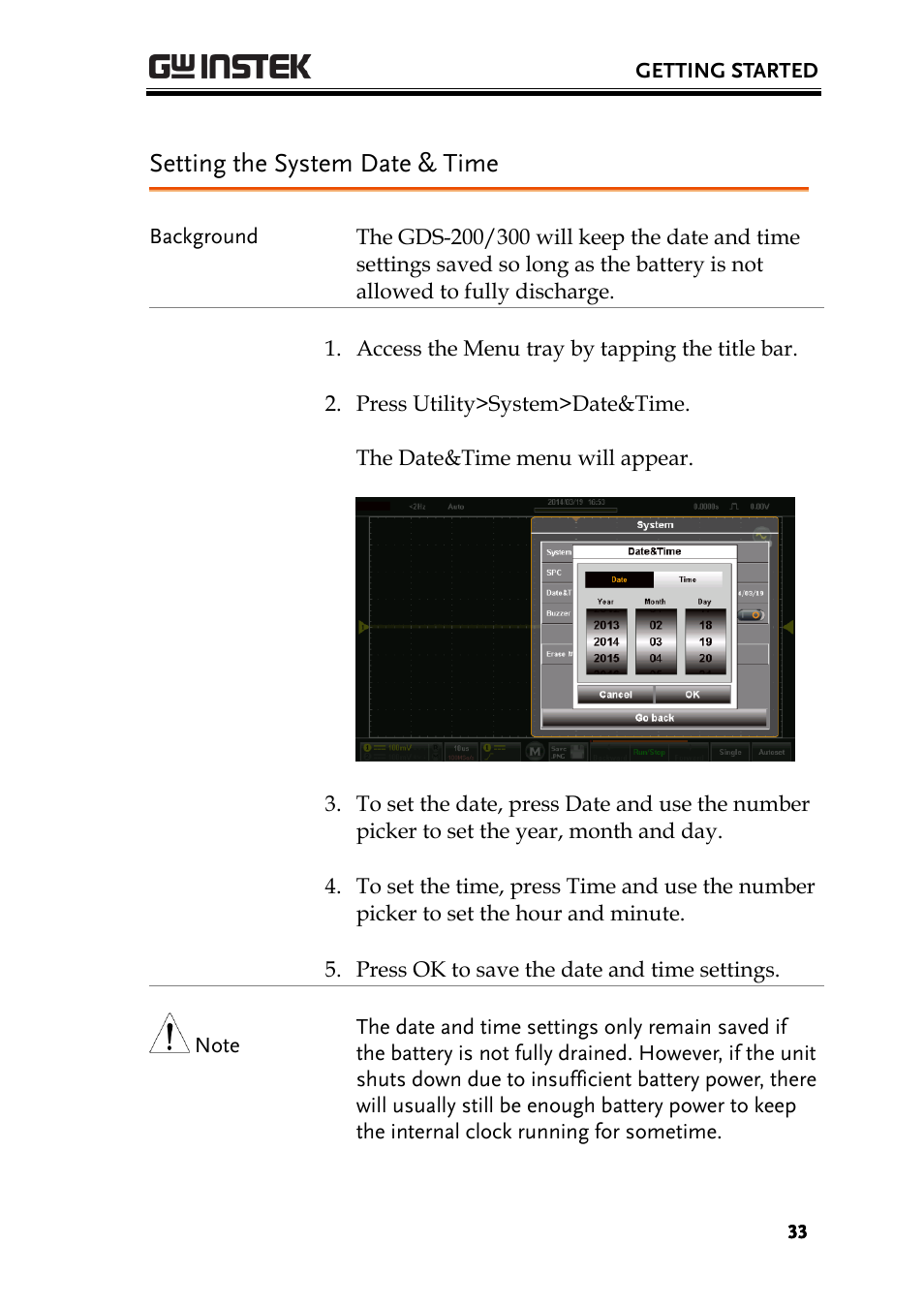 Setting the system date & time | GW Instek GDS-200 Series User Manual User Manual | Page 33 / 188