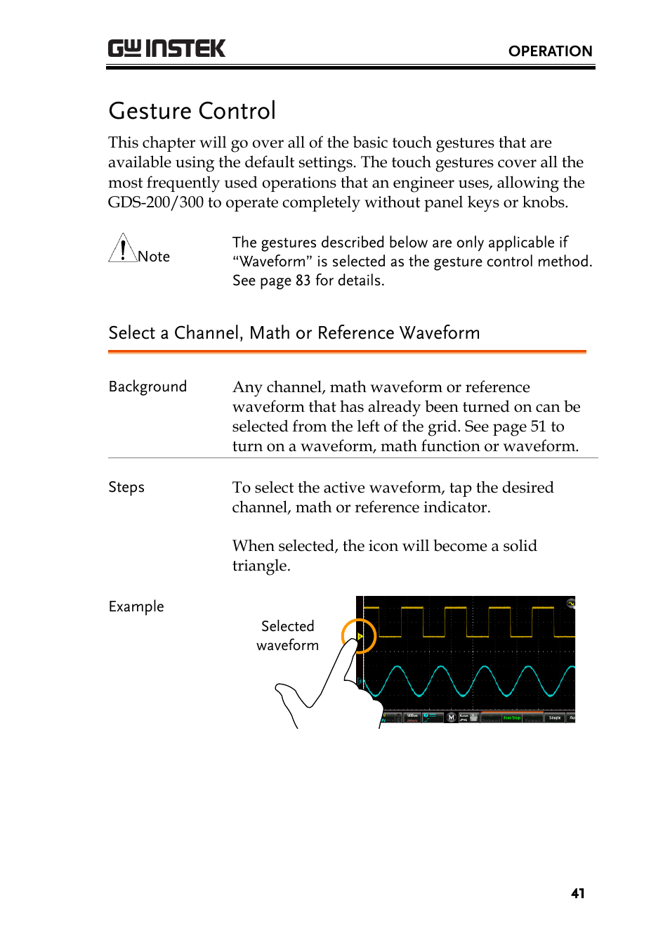 Gesture control, Select a channel, math or reference waveform | GW Instek GDS-200 Series User Manual User Manual | Page 41 / 188