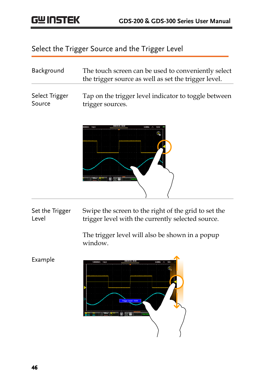 Select the trigger source and the trigger level | GW Instek GDS-200 Series User Manual User Manual | Page 46 / 188