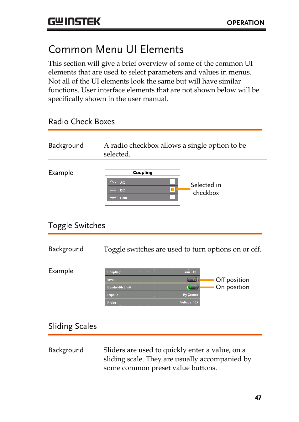 Common menu ui elements, Radio check boxes, Toggle switches | Sliding scales | GW Instek GDS-200 Series User Manual User Manual | Page 47 / 188