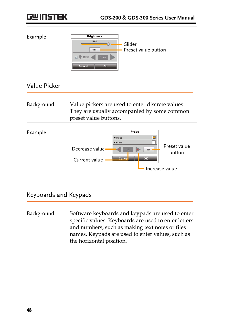 Value picker, Keyboards and keypads | GW Instek GDS-200 Series User Manual User Manual | Page 48 / 188