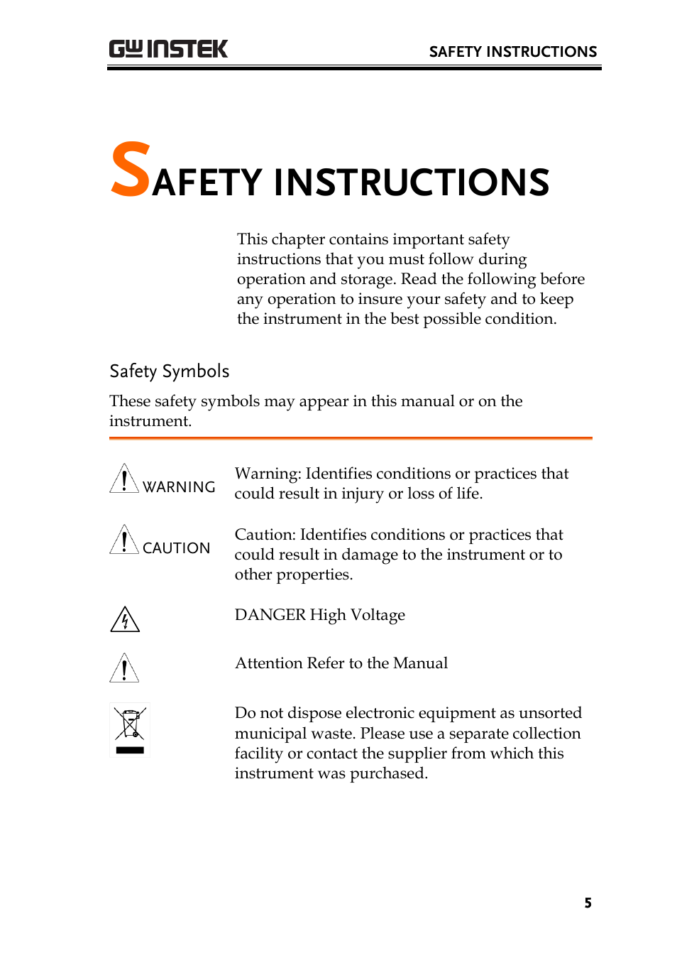Safety instructions, Safety symbols, Afety instructions | GW Instek GDS-200 Series User Manual User Manual | Page 5 / 188