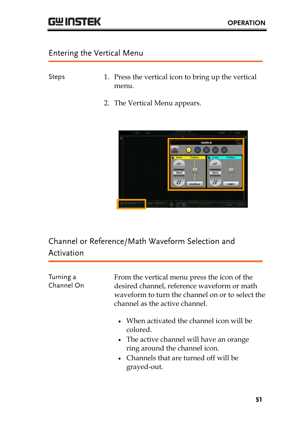Entering the vertical menu | GW Instek GDS-200 Series User Manual User Manual | Page 51 / 188
