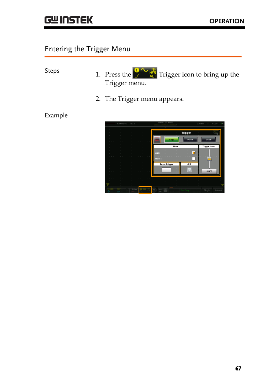 Entering the trigger menu | GW Instek GDS-200 Series User Manual User Manual | Page 67 / 188