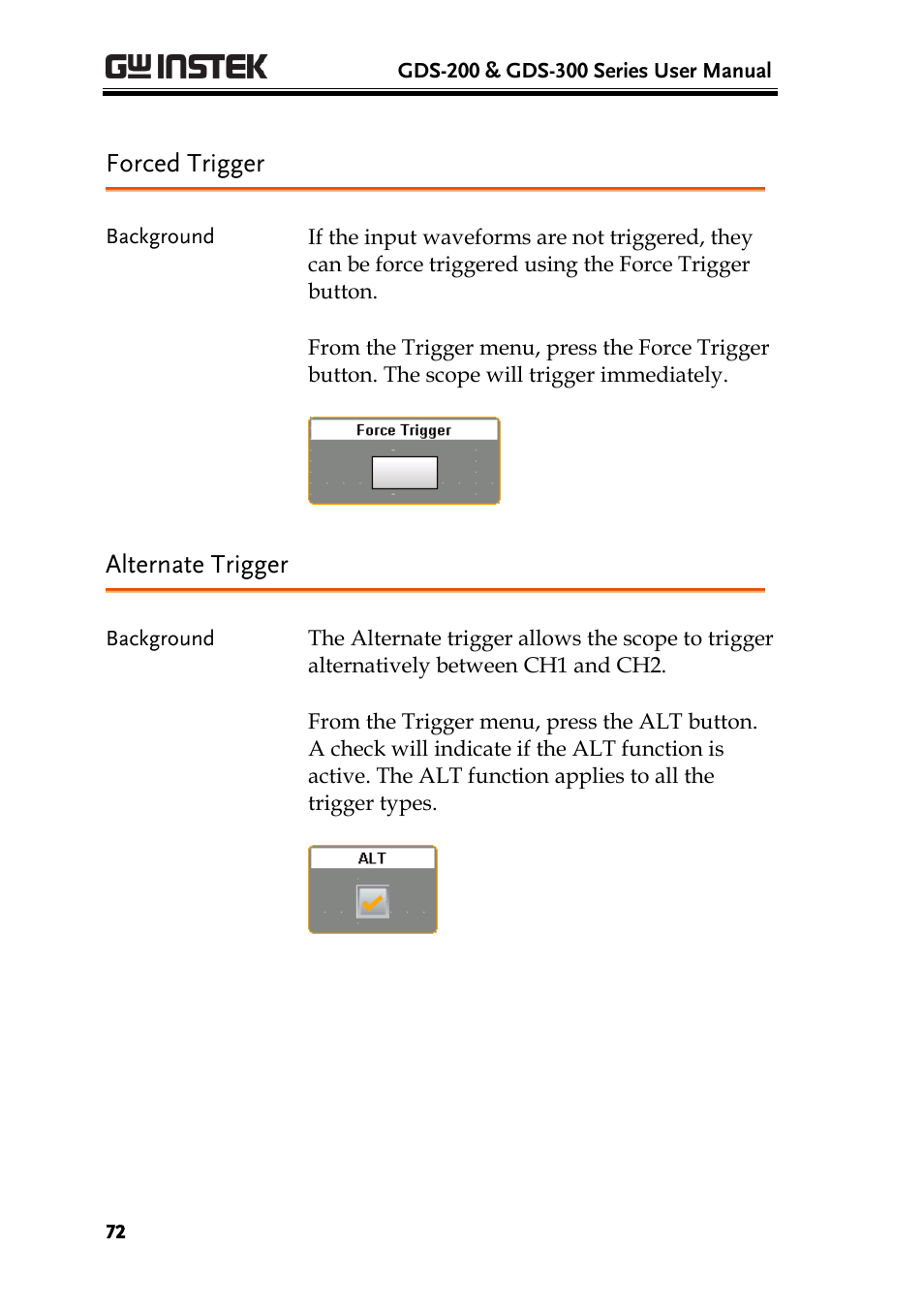 Forced trigger, Alternate trigger | GW Instek GDS-200 Series User Manual User Manual | Page 72 / 188