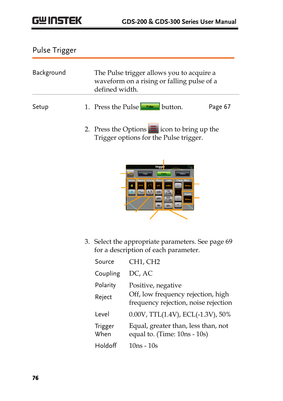Pulse trigger | GW Instek GDS-200 Series User Manual User Manual | Page 76 / 188