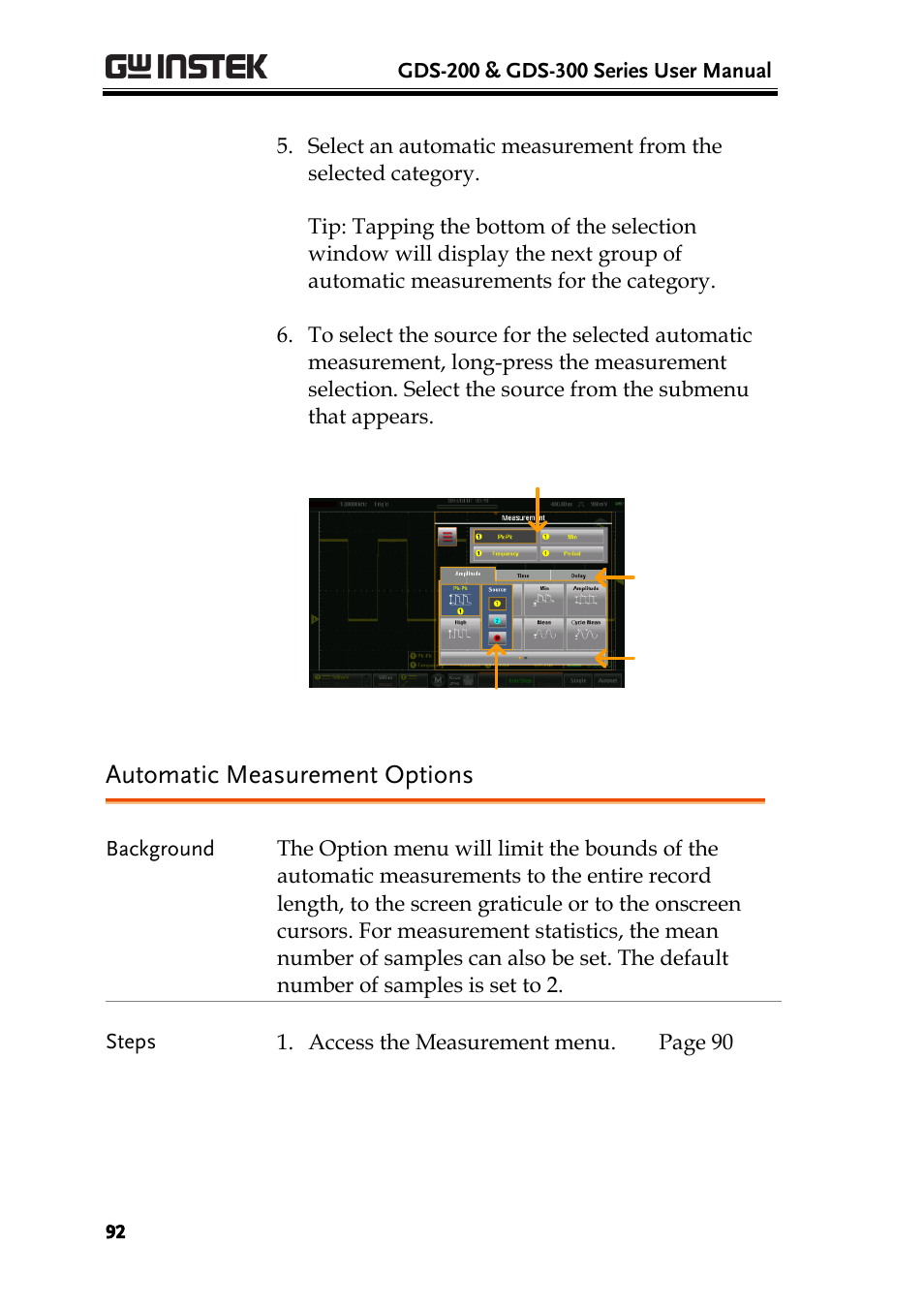 Automatic measurement options | GW Instek GDS-200 Series User Manual User Manual | Page 92 / 188