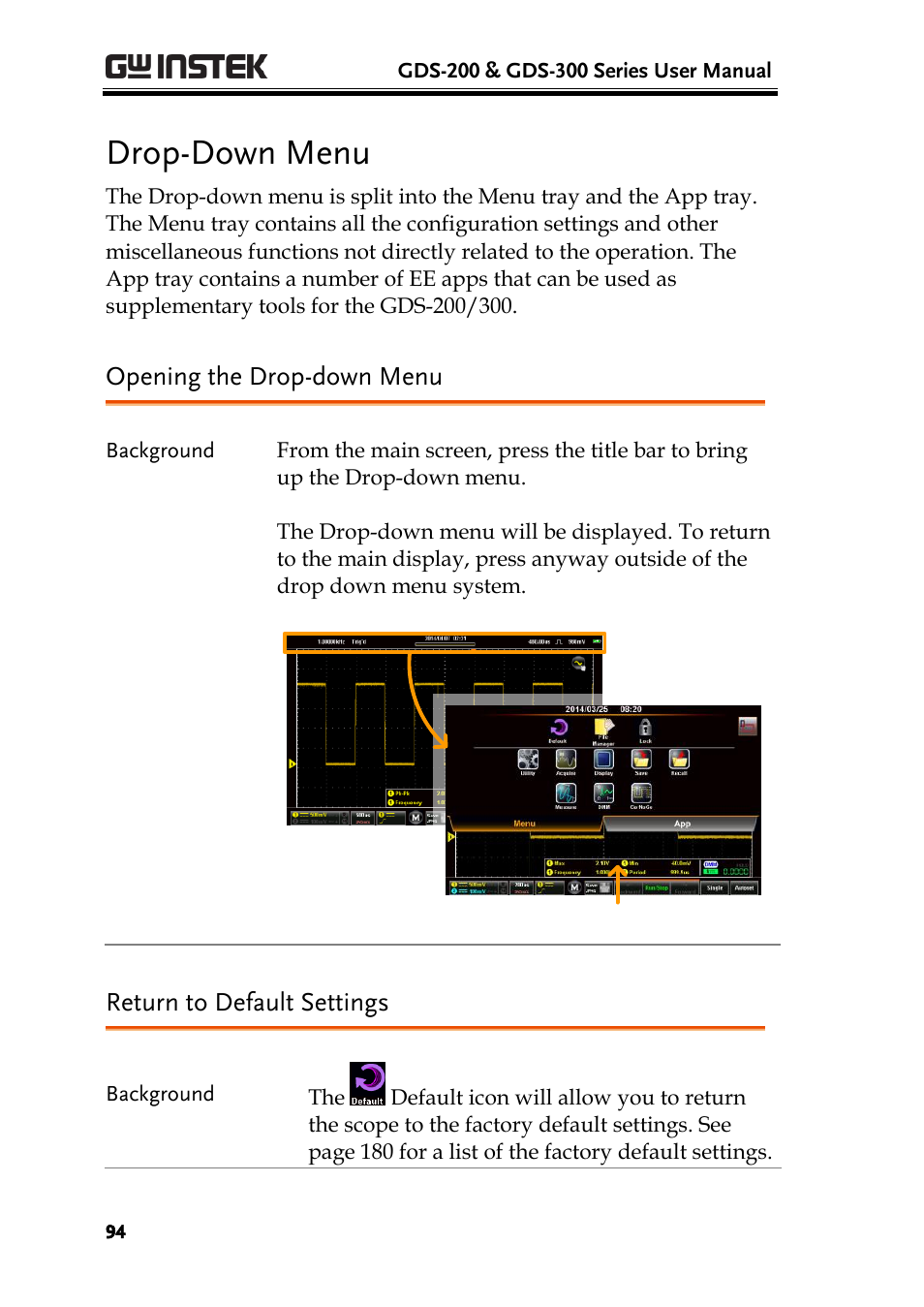 Drop-down menu, Opening the drop-down menu, Return to default settings | GW Instek GDS-200 Series User Manual User Manual | Page 94 / 188