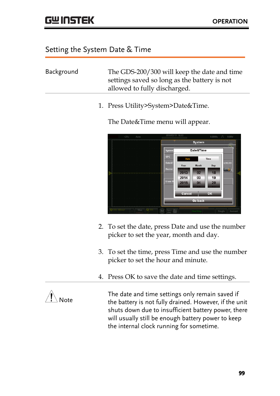 Setting the system date & time | GW Instek GDS-200 Series User Manual User Manual | Page 99 / 188