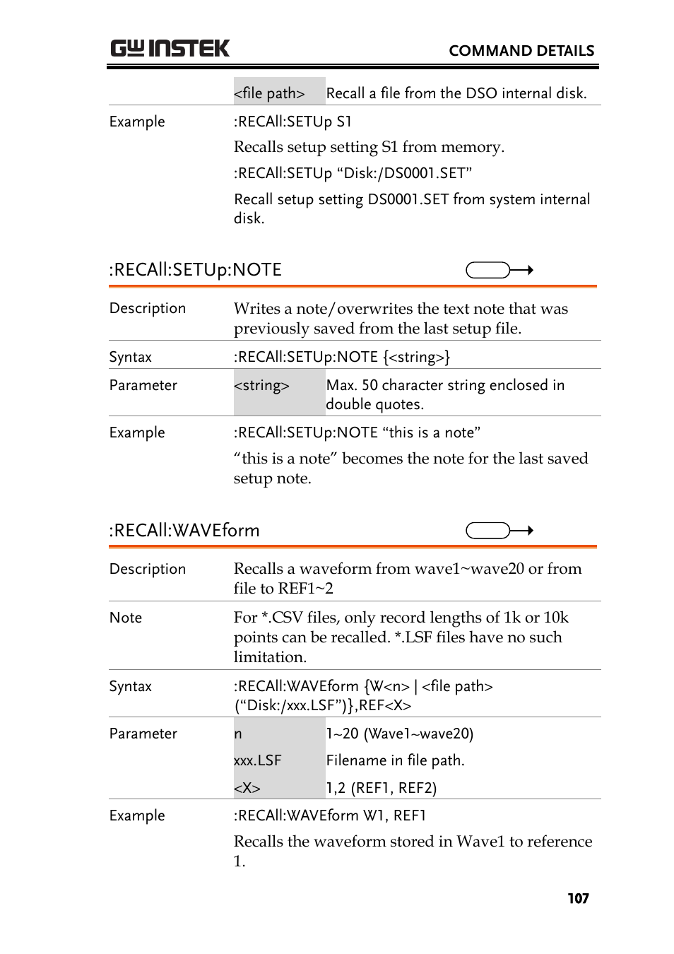 Recall:waveform | GW Instek GDS-200 Series Programming Manual User Manual | Page 107 / 139