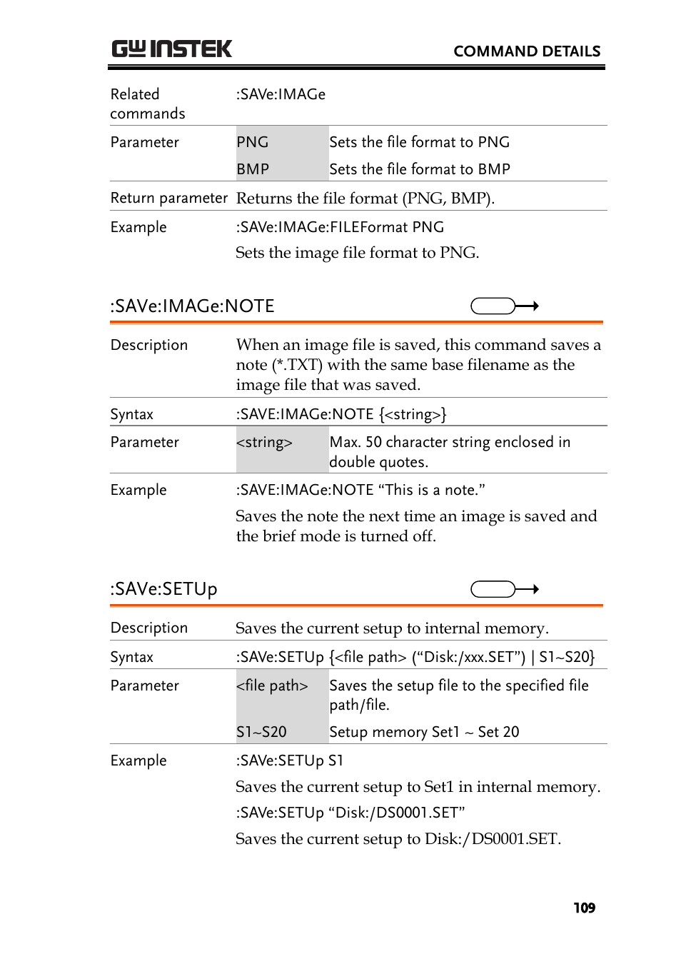 Save:setup | GW Instek GDS-200 Series Programming Manual User Manual | Page 109 / 139