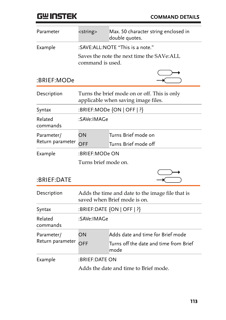 Brief:mode, Brief:date | GW Instek GDS-200 Series Programming Manual User Manual | Page 113 / 139