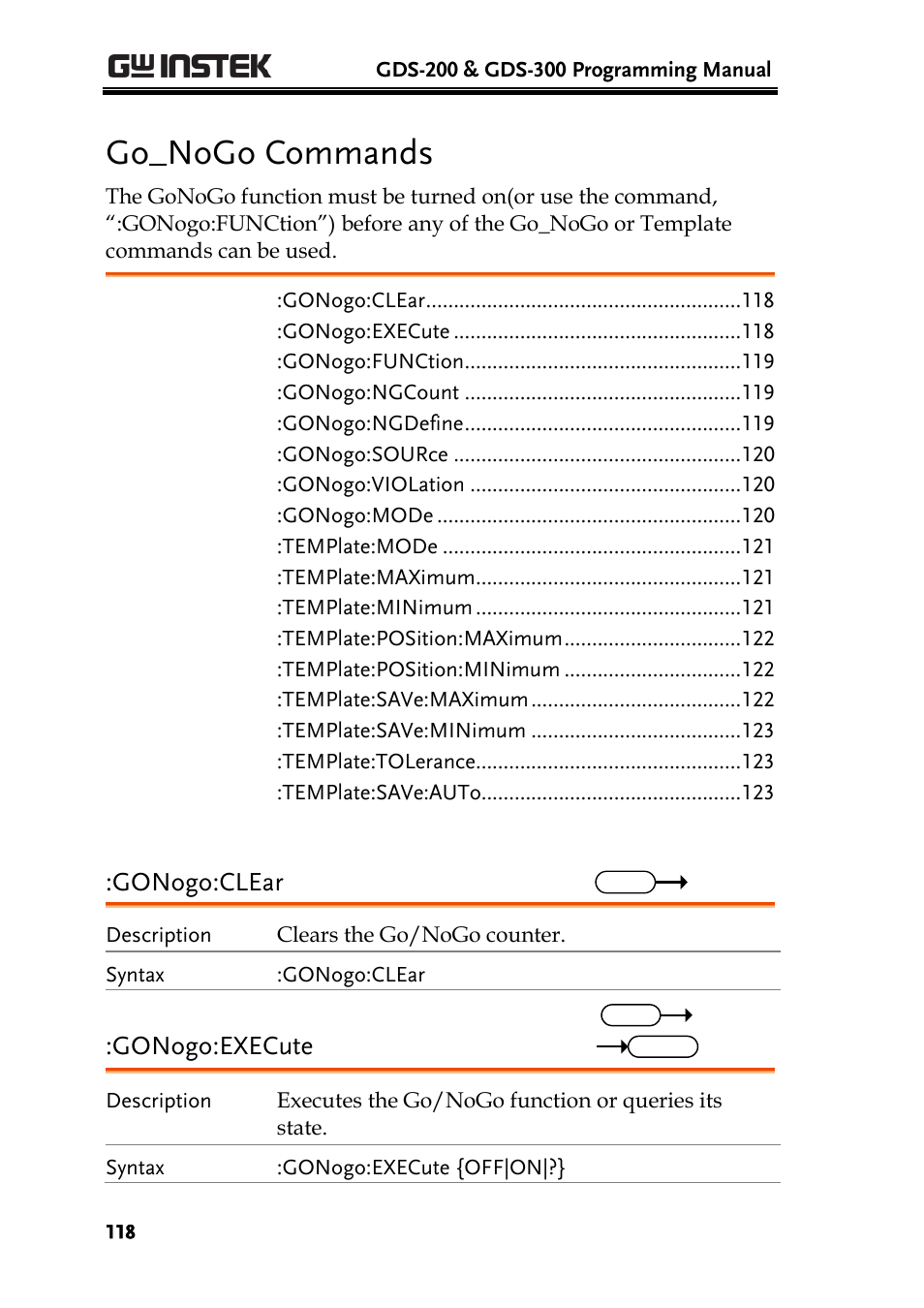 Go_nogo commands, Gonogo:clear, Gonogo:execute | GW Instek GDS-200 Series Programming Manual User Manual | Page 118 / 139