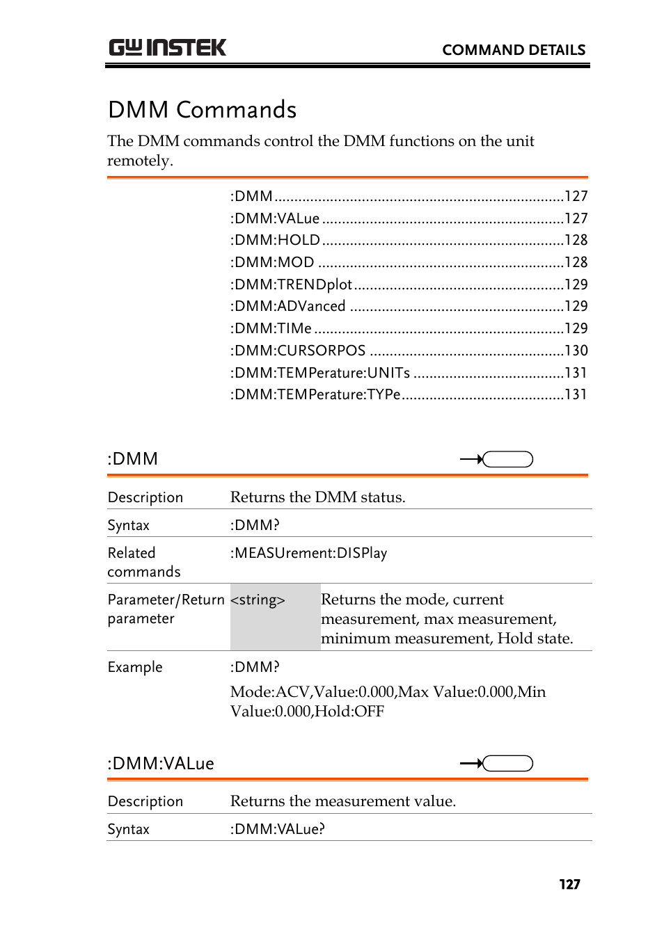 Dmm commands, Dmm:value | GW Instek GDS-200 Series Programming Manual User Manual | Page 127 / 139