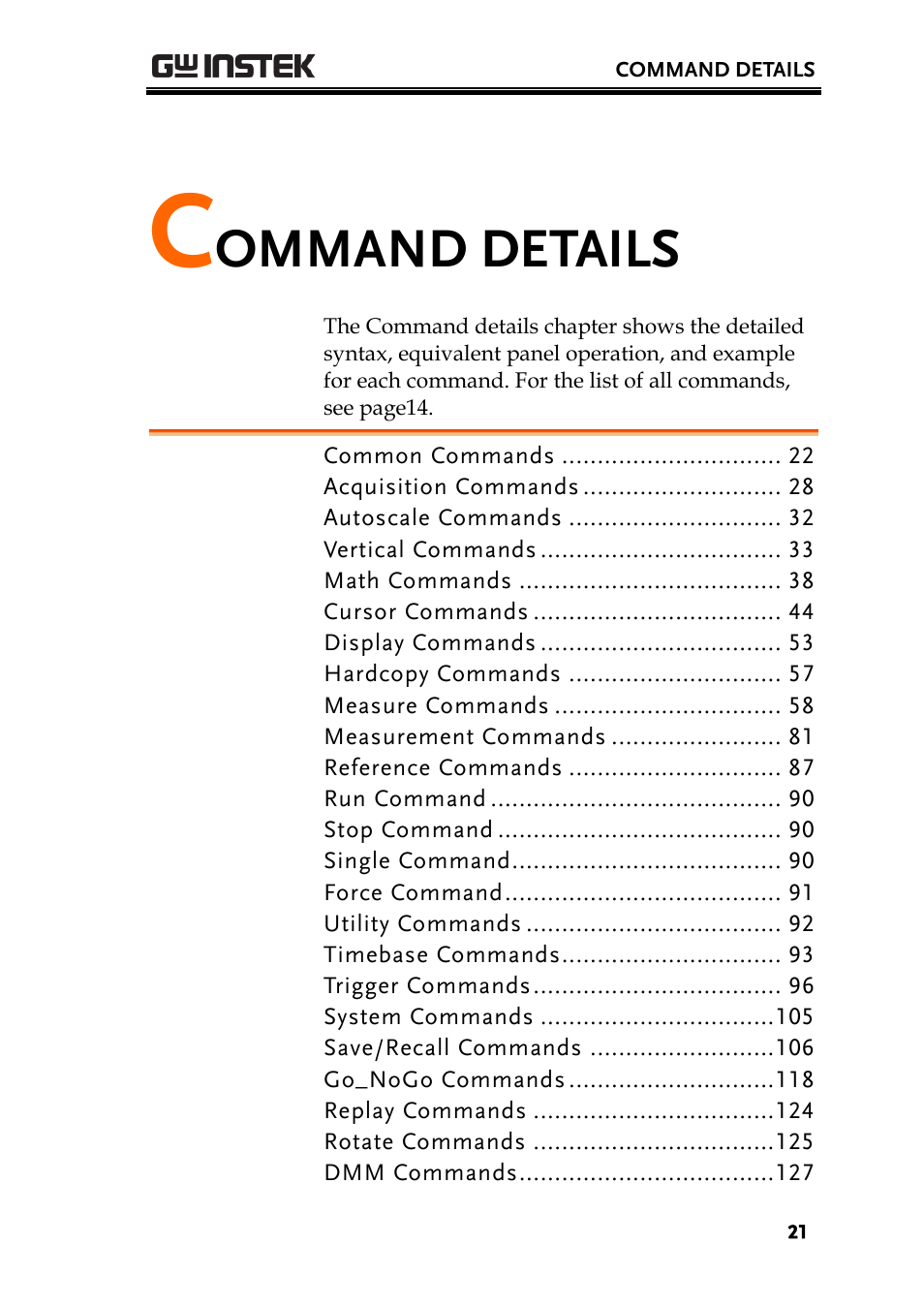 Command details, Ommand details | GW Instek GDS-200 Series Programming Manual User Manual | Page 21 / 139