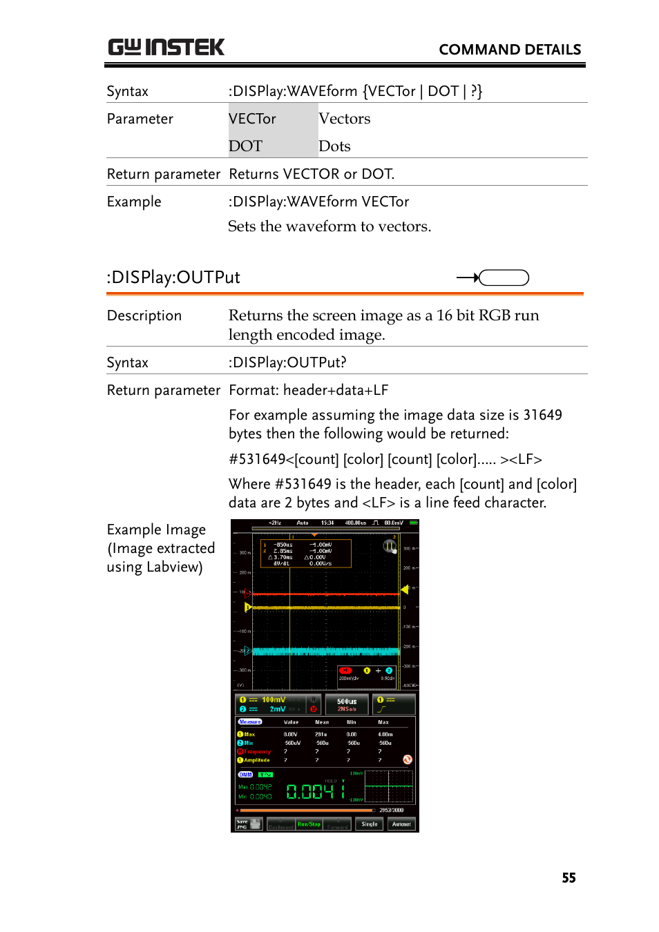 Display:output | GW Instek GDS-200 Series Programming Manual User Manual | Page 55 / 139