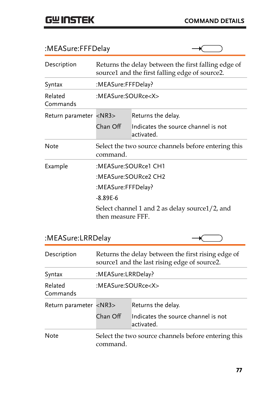 Measure:fffdelay, Measure:lrrdelay | GW Instek GDS-200 Series Programming Manual User Manual | Page 77 / 139