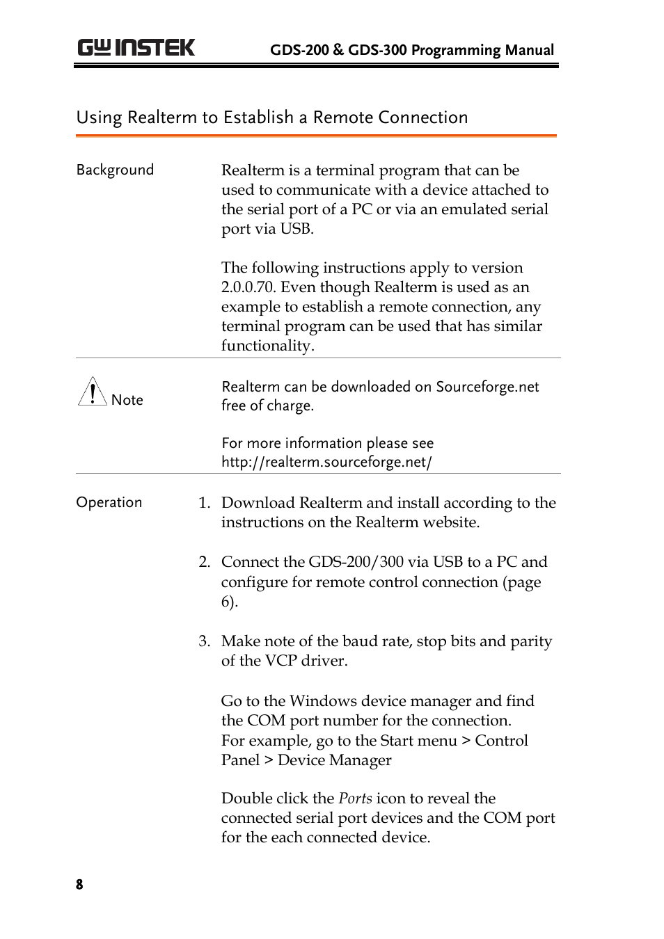 Using realterm to establish a remote connection | GW Instek GDS-200 Series Programming Manual User Manual | Page 8 / 139