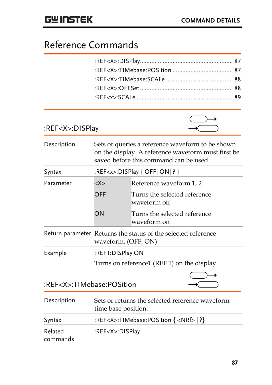 Reference commands, Ref<x>:display, Ref<x>:timebase:position | GW Instek GDS-200 Series Programming Manual User Manual | Page 87 / 139