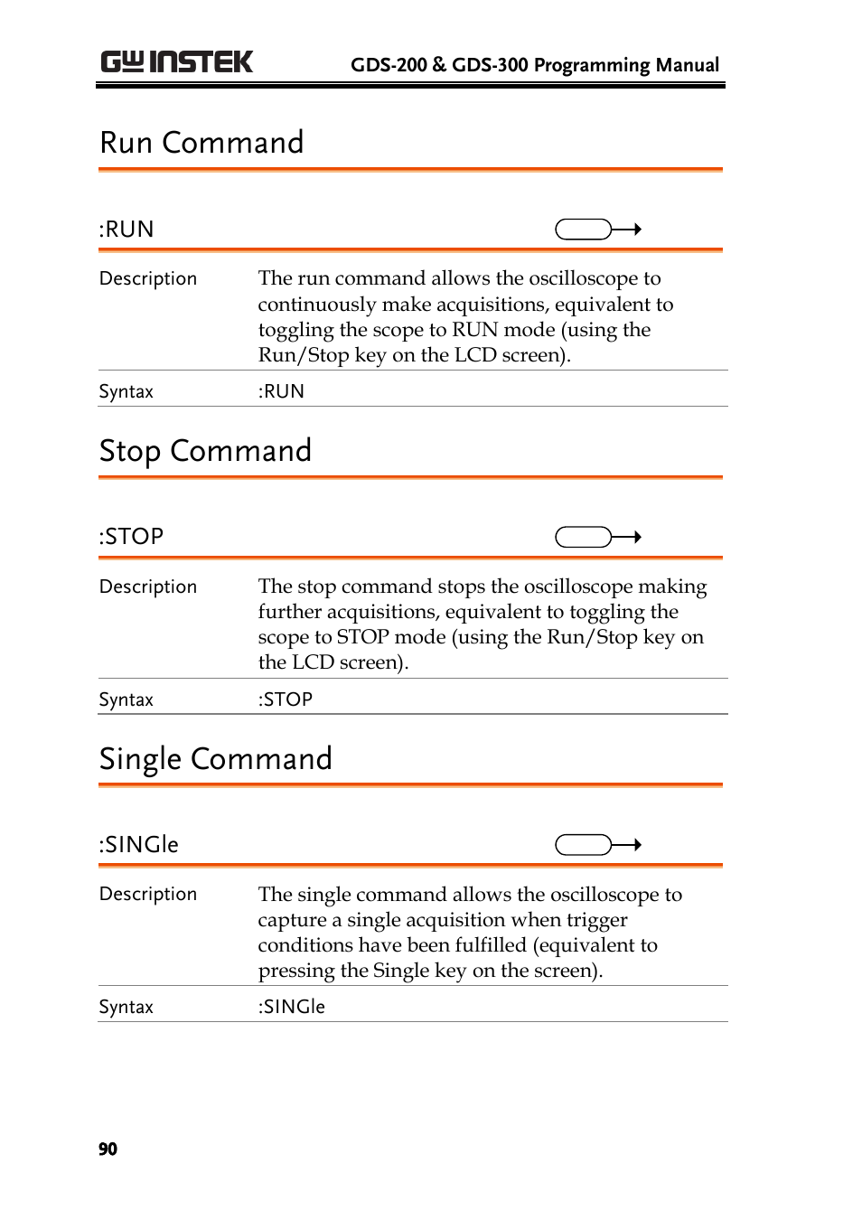 Run command, Stop command, Single command | Stop, Single | GW Instek GDS-200 Series Programming Manual User Manual | Page 90 / 139