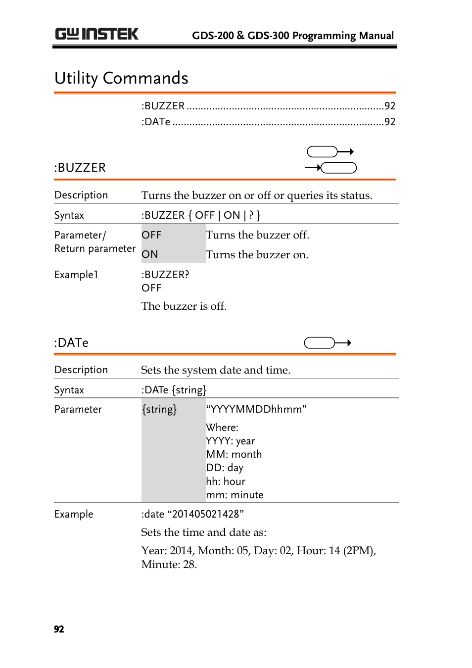 Utility commands, Buzzer, Date | GW Instek GDS-200 Series Programming Manual User Manual | Page 92 / 139