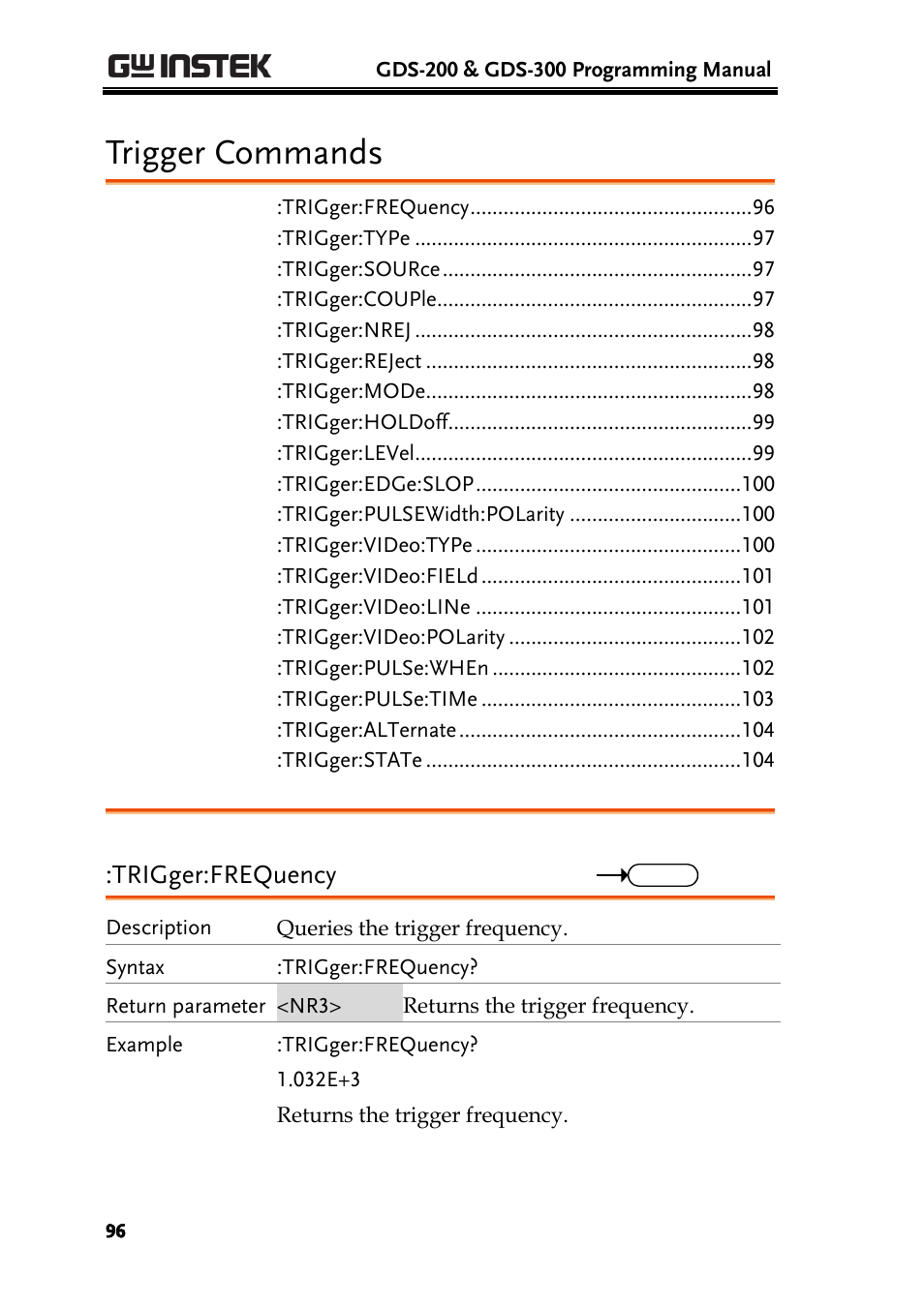 Trigger commands, Trigger:frequency | GW Instek GDS-200 Series Programming Manual User Manual | Page 96 / 139