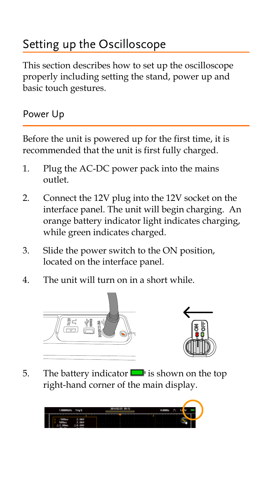 Setting up the oscilloscope, Power up | GW Instek GDS-200 Series Quick start guide User Manual | Page 10 / 21