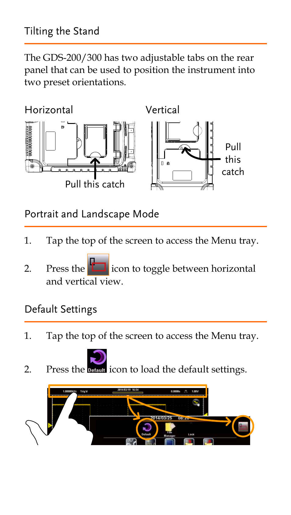 Tilting the stand, Portrait and landscape mode, Default settings | GW Instek GDS-200 Series Quick start guide User Manual | Page 11 / 21