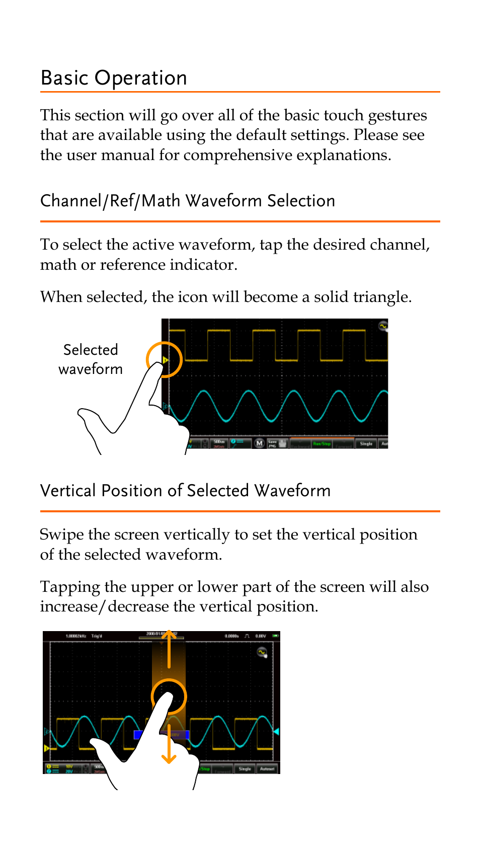 Basic operation, Channel/ref/math waveform selection, Vertical position of selected waveform | GW Instek GDS-200 Series Quick start guide User Manual | Page 12 / 21