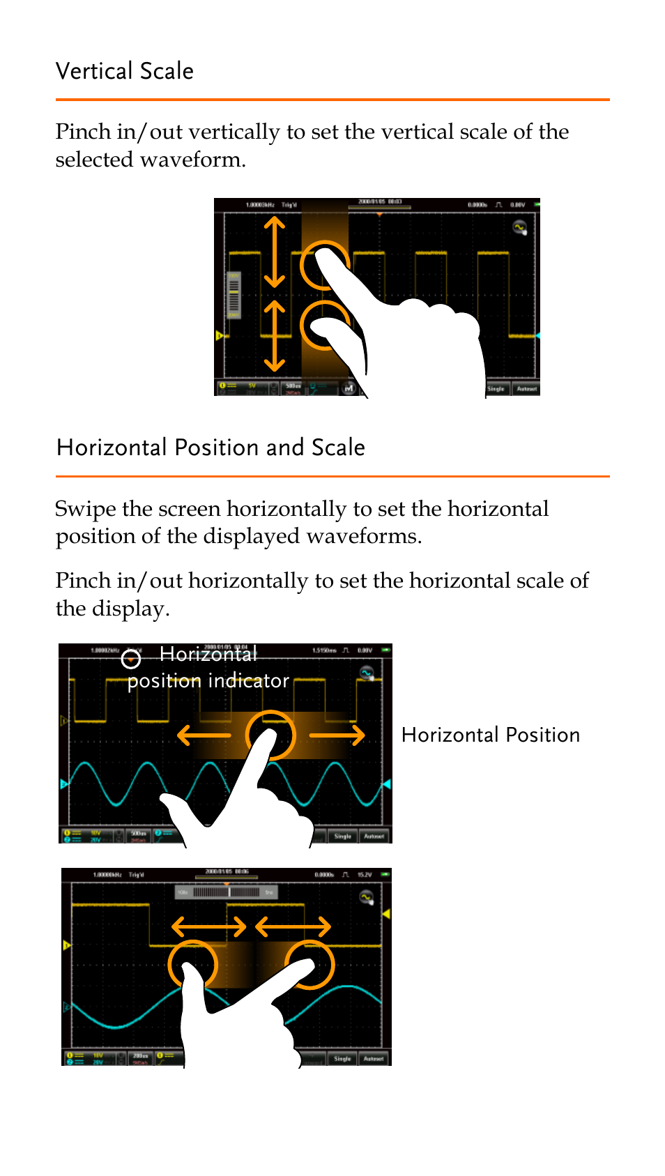 Vertical scale, Horizontal position and scale | GW Instek GDS-200 Series Quick start guide User Manual | Page 13 / 21